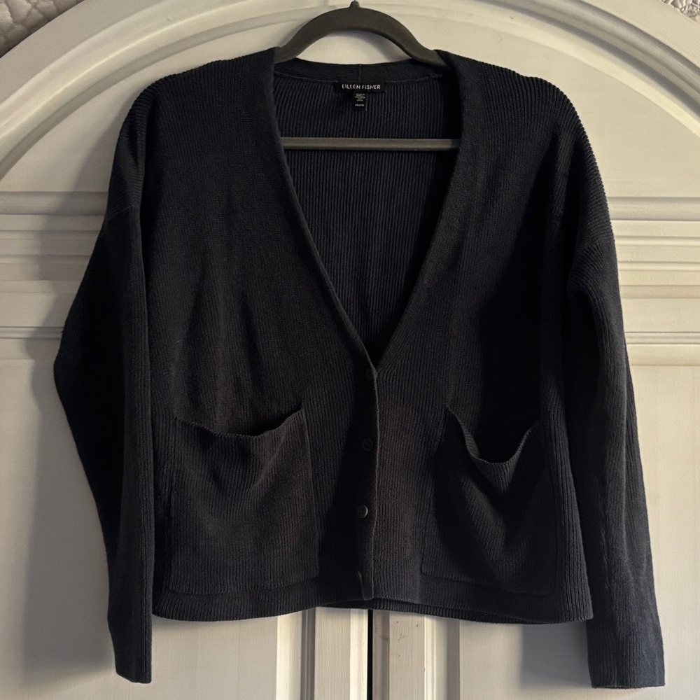 Eileen Fisher eco linen/cotton ribbed Navy Cardigan